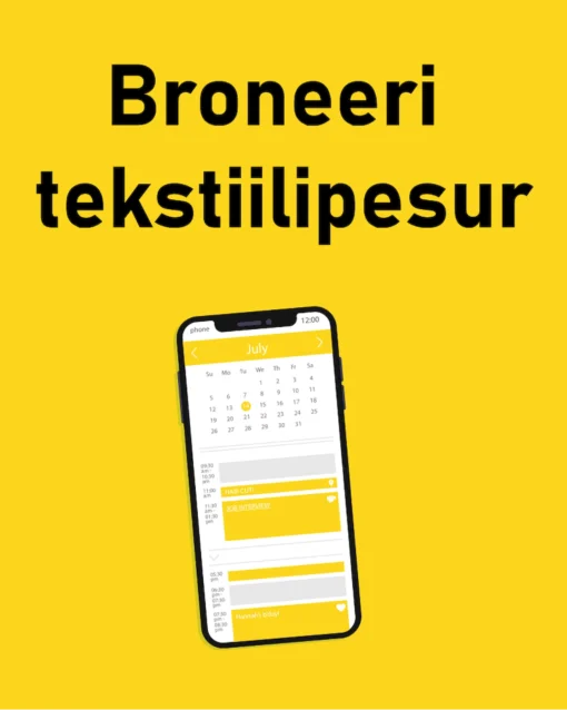 Broneeri tekstiilipesur kollasel taustal, nutitelefoni ekraanil kuvatud broneerimiskalender.