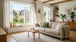 Kevadine suurpuhastus 2026: pehme mööbli kontrollnimekiri – kevadiselt puhas elutuba ja pehme mööbel pärast suurpuhastust.