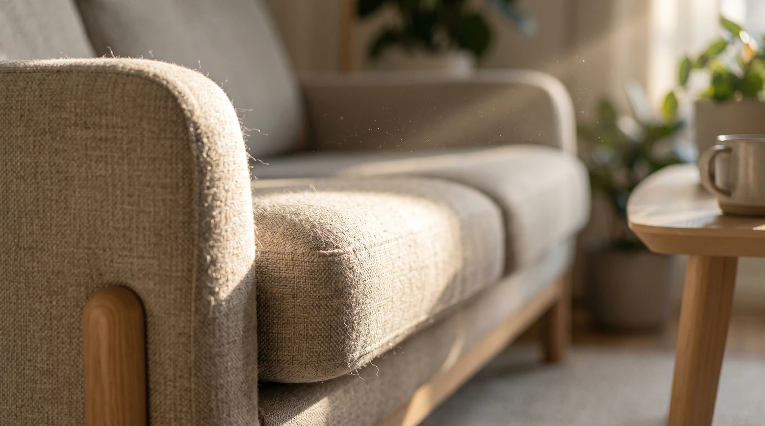 Lähivõte heledast diivanist, mille pinnal on kevadpäikese käes näha tolm ja peened karvad.