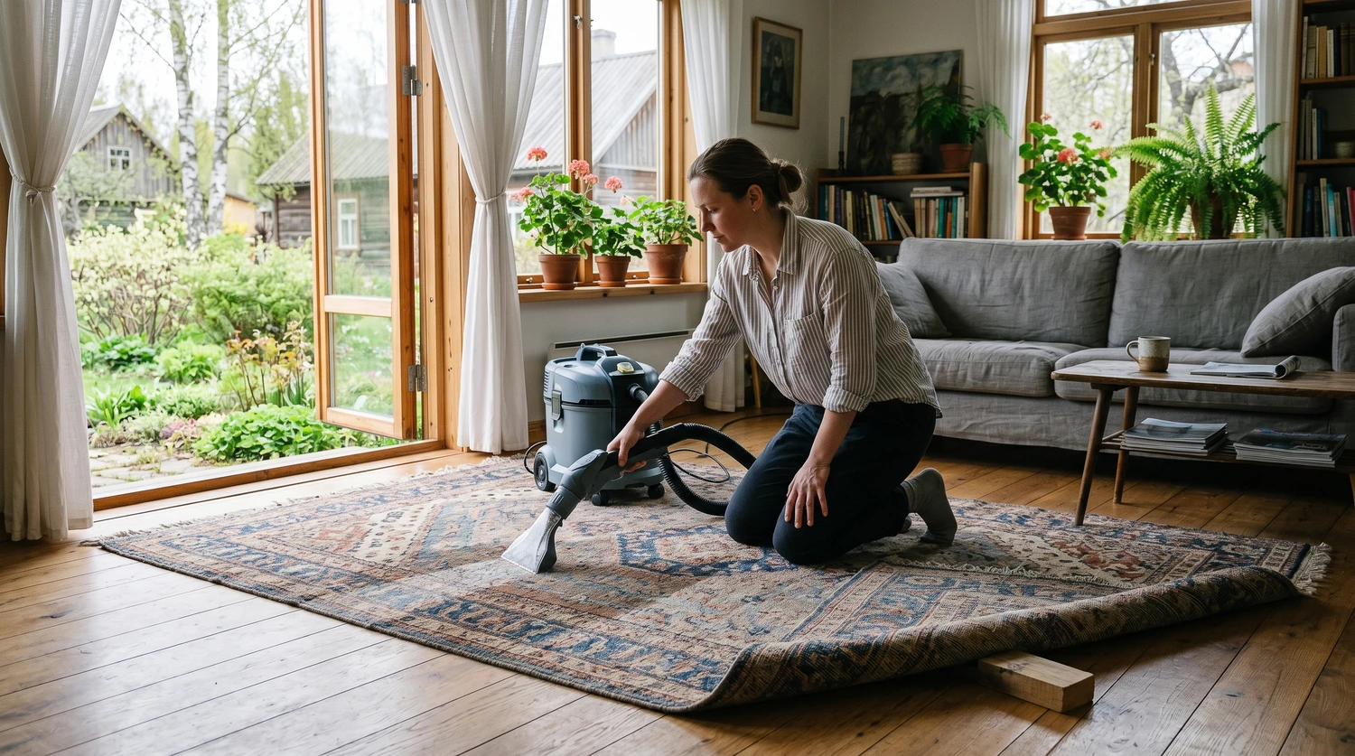 Koduses elutoas puhastatakse mustrilist vaipa tekstiilipesuri vaibaotsikuga avatud akna kõrval.