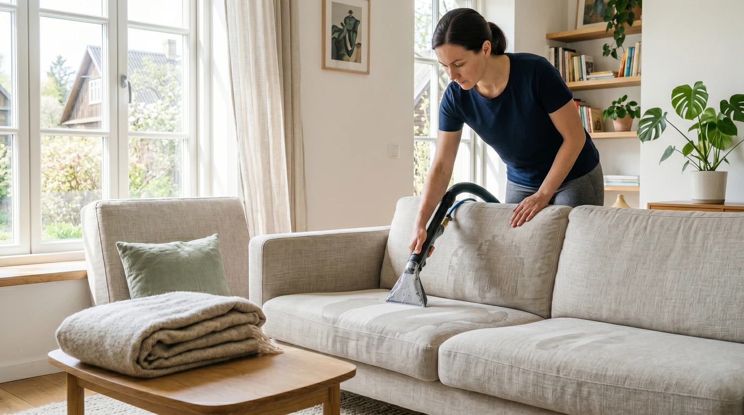 Tekstiilipesuriga puhastatakse heledat diivanit avara ja valge elutoa akna all.