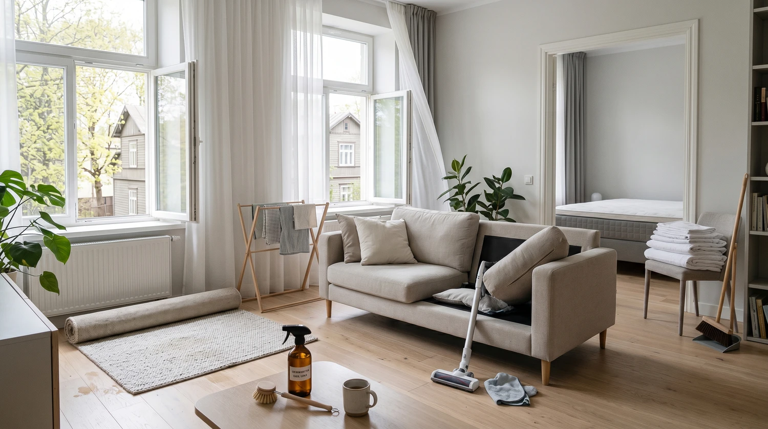 Valge ja hele elutuba kevadises valguses, diivan ning puhastusvahendid enne suurpuhastuse algust.