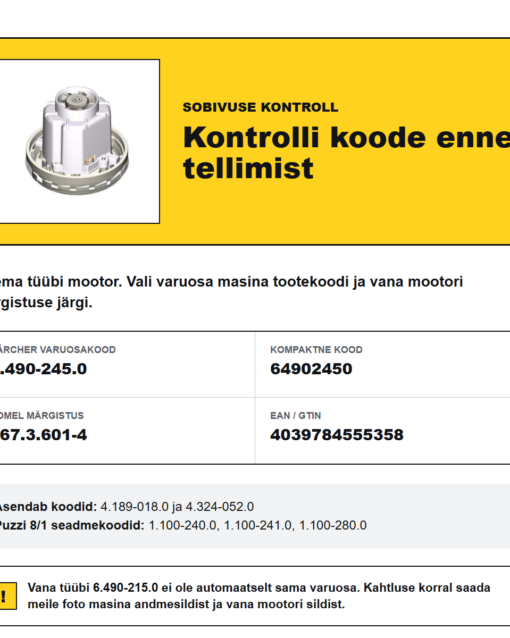 Kärcher 6.490-245.0 imemismootori sobivuse, asenduskoodide ja seadmekoodide kontroll