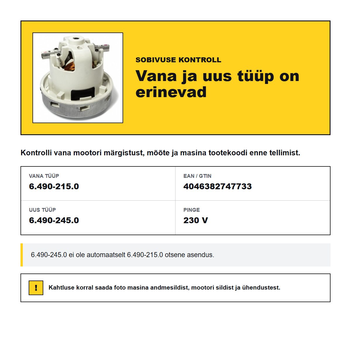 Kärcher Puzzi imemismootor 230 V, vana tüüp 6.490-215.0, detailid