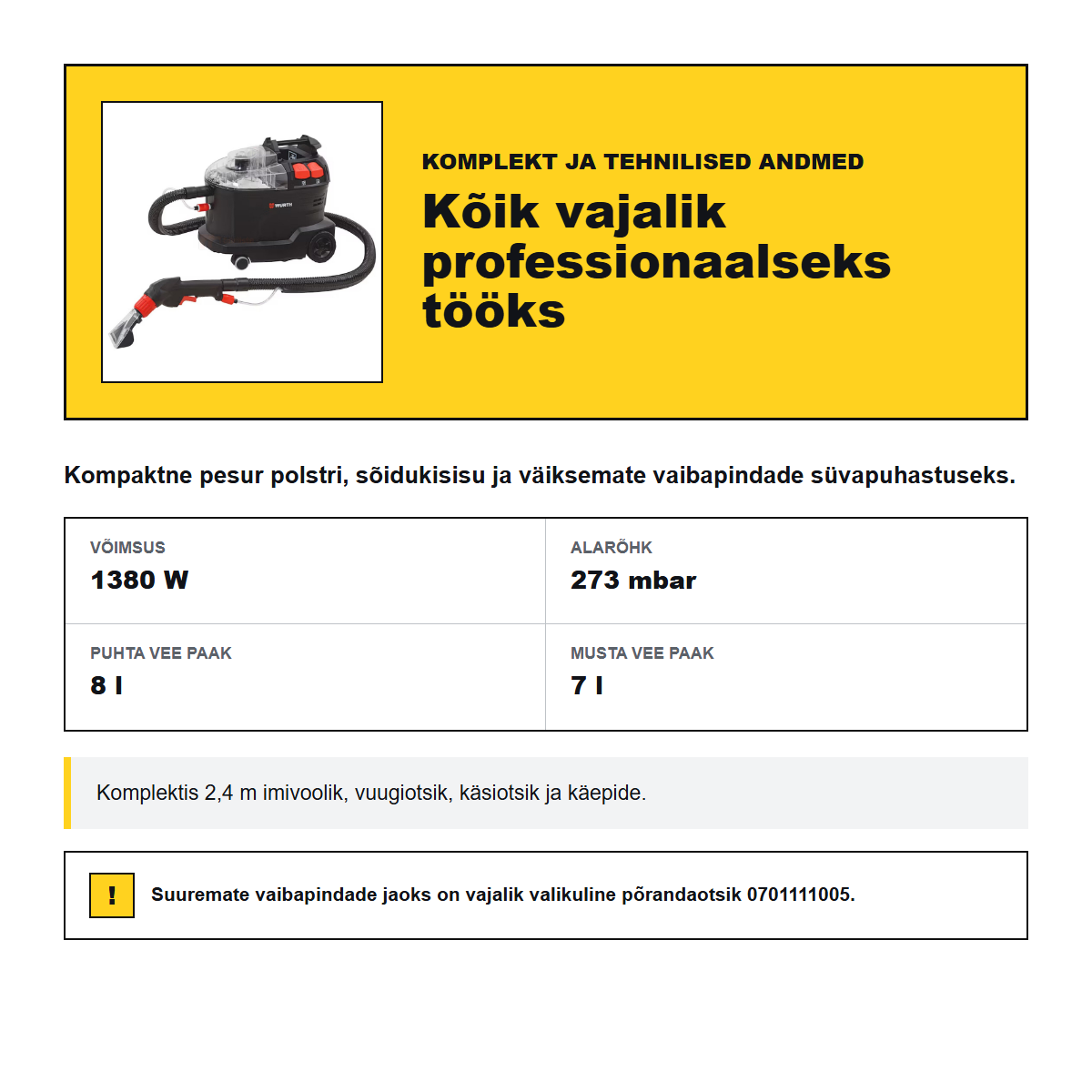 Würth SEG 10 Compact tekstiilipesur, detailid