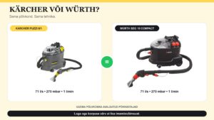 Kärcher Puzzi 8/1 ja Würth SEG 10 Compact tekstiilipesurite võrdlus sama põlvkonna tehniliste näitajatega.