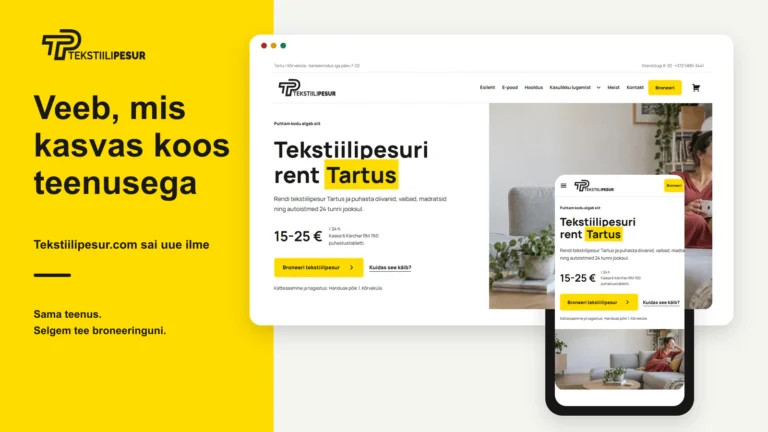 Tekstiilipesur.com uue avalehe arvuti- ja mobiilivaade kollasel taustal.