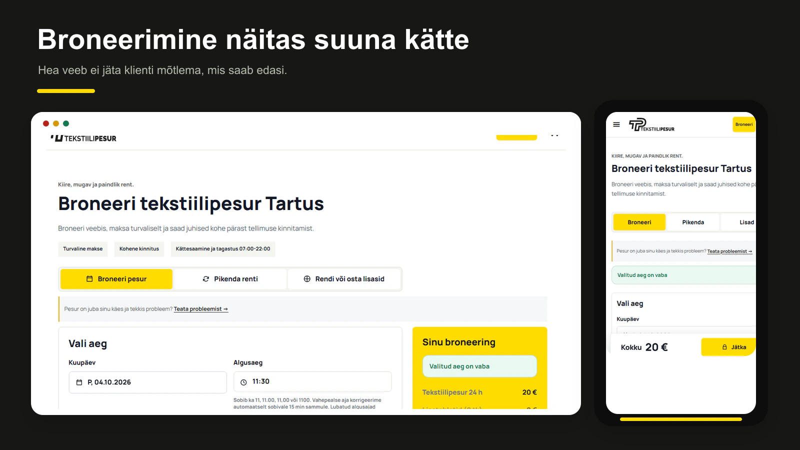 Tekstiilipesuri tegelik broneerimisvaade arvutis ja telefonis.