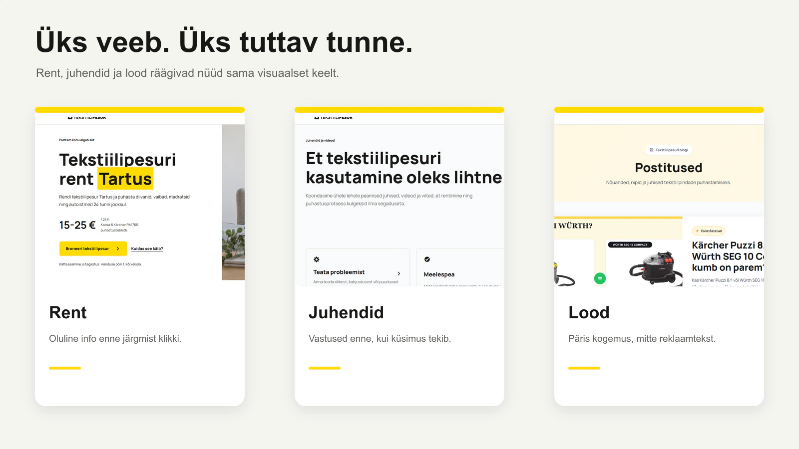 Tekstiilipesuri avaleht, juhendite leht ja blogi ühes visuaalses süsteemis.