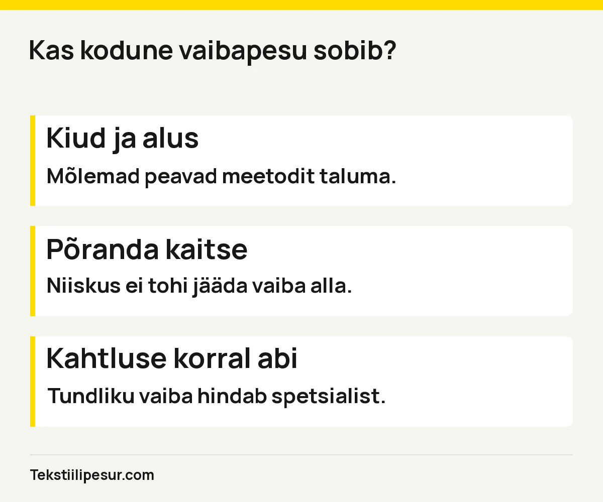 Kiud ja alus: Mõlemad peavad meetodit taluma.. Põranda kaitse: Niiskus ei tohi jääda vaiba alla.. Kahtluse korral abi: Tundliku vaiba hindab spetsialist.